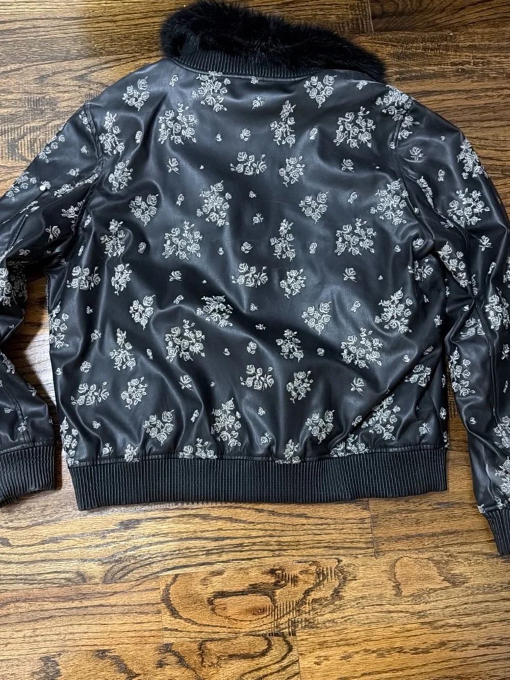 Michael Kors Black Bomber Jacket with Silver Floral Print and Faux Fur Collar